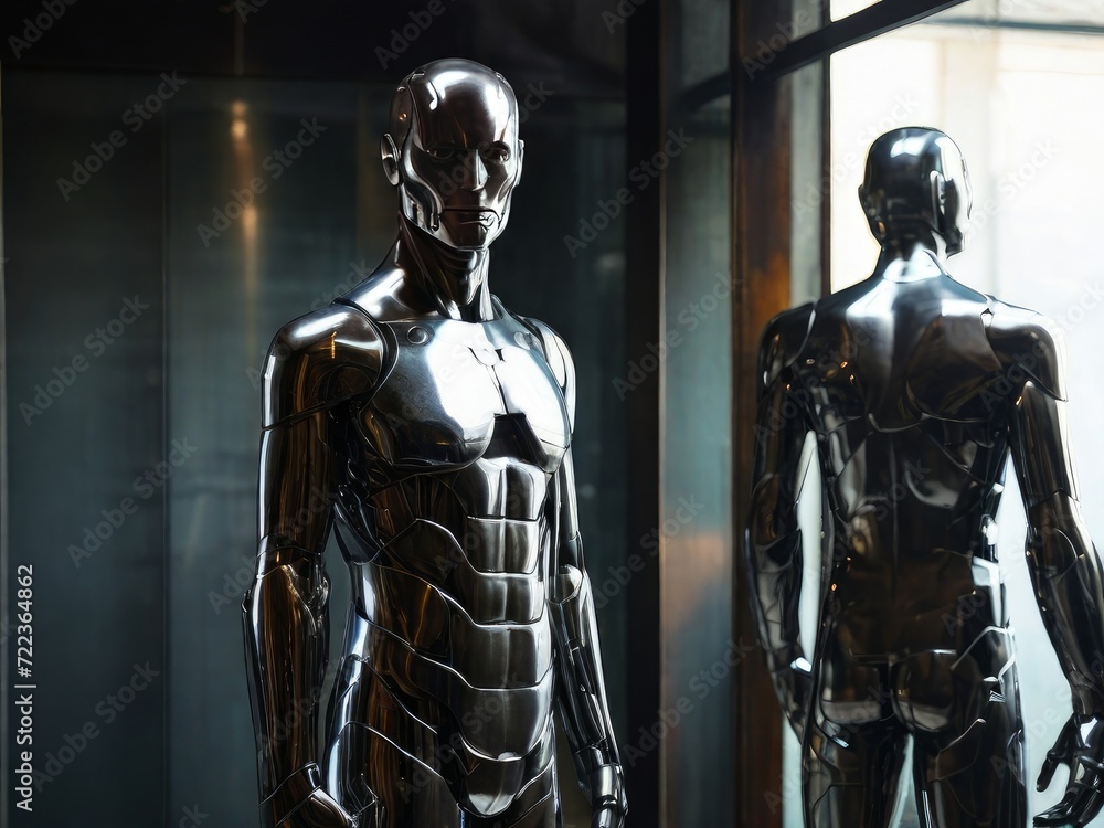 A steel man stand front of mirror A steel man stand front of mirror
