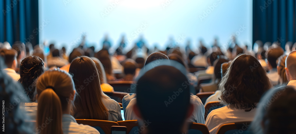An audience attending a business conference, filling a large meeting room to listen to a talk. The scene depicts a crowd in a conference room, with many people engaged in listening to a speaker. - obrazy, fototapety, plakaty 