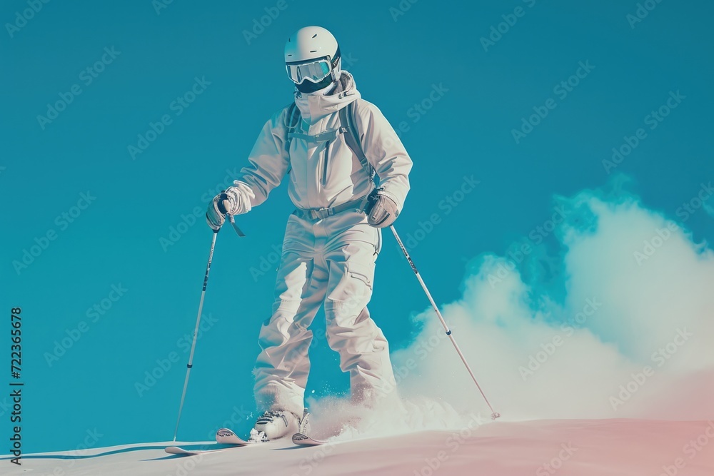 A man in a white ski suit on the slope. He has skis, a protective helmet and goggles. There is white snow and blue sky all around. High-quality photo of the model