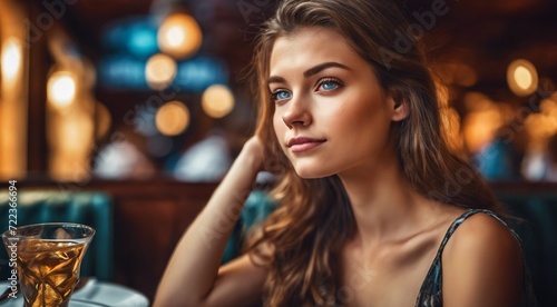 close-up of pretty young woman sitting in the restaurant  woman on restaurant background  woman in the cafe