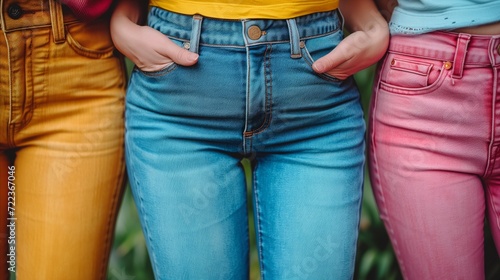 Colorful Denim Pants Close-Up on Three Friends