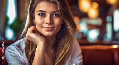 close-up of pretty young woman sitting in the restaurant, woman on restaurant background, woman in the cafe