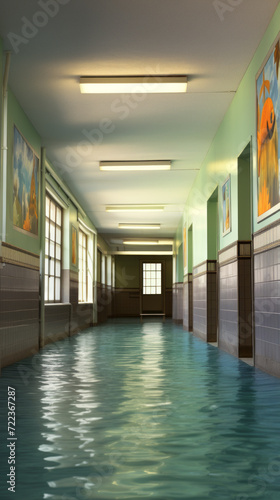 A surreal depiction of a school hallway submerged in water. © Asmodar