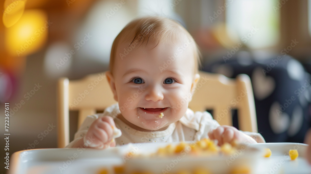 Close-up portrait of a cheerful baby sitting in a highchair and ready to eat. baby food concept. Close-up portrait of a cheerful baby sitting in a highchair and ready to eat. baby food concept.