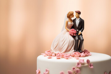 Figurines of the bride and groom on a wedding cake. Close-up of wedding cake topper. Traditional wedding sweets and decorations.