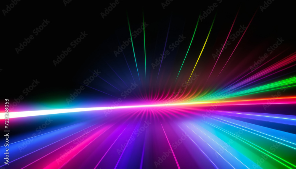 A rainbow colored light show with pink, green and blue streamers, abstract light speed neon background.