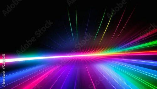 A rainbow colored light show with pink, green and blue streamers, abstract light speed neon background.