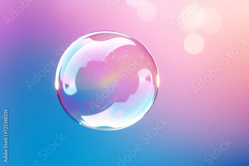 Soap bubble floating in the air on pastel gradient background. Iridescent bubbles. Dreaming  fun and joy concept. Abstract pc desktop wallpaper. Cleaning and washing theme