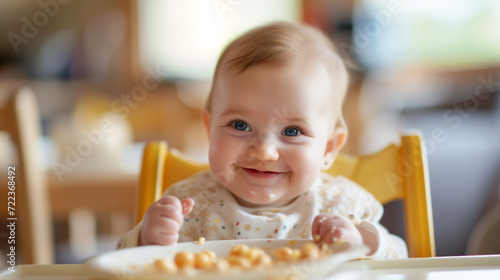 happy baby sitting in high chair in a kitchen