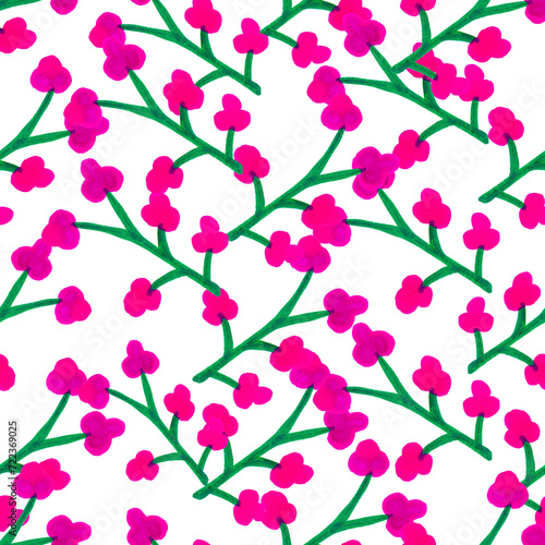 seamless pattern of green twigs with purple flowers base for design
