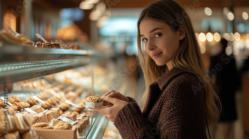 A beautiful woman buying a small box of cookies at shop. Generative AI.
