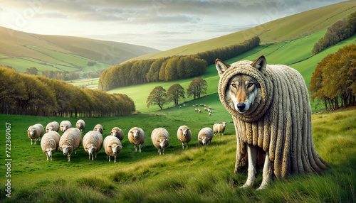 Wolf in sheep's clothing standing in flock of sheep on lush hillside, exemplifying deception and disguise.