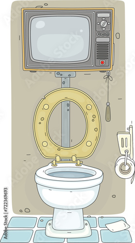 Old dirty toilet with an outdated TV box instead of a flushing cistern, vector cartoon illustration