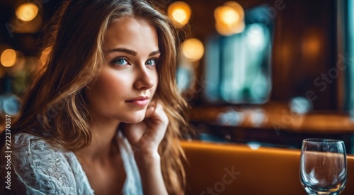 close-up of pretty young woman sitting in the restaurant, woman on restaurant background, woman in the cafe © Gegham