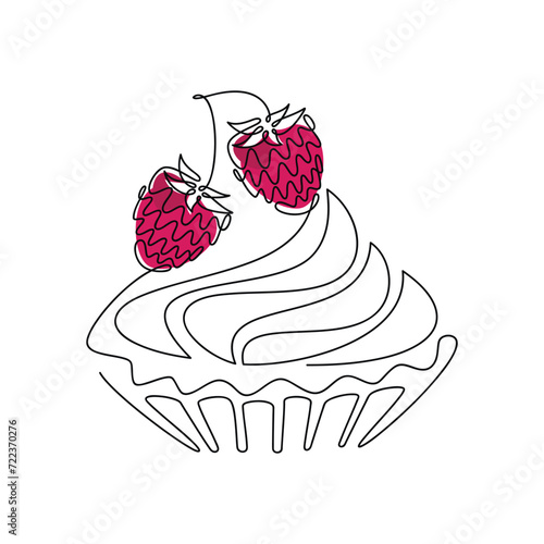 Hand drawn illustration. Vector cake raspberry muffin creamy cupcake. One line continuous drawing. Linear dessert icon. Food print, banner, card, brochure, bakery logo, caffe sign, symbol, cafe menu.