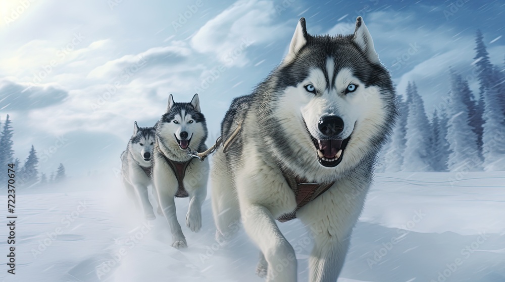 husky dogs pulling sled in the snow