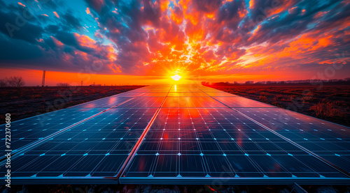 stunning sunset with vibrant orange and blue skies over a large field of solar panels