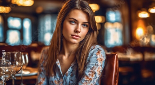close-up of pretty young woman sitting in the restaurant, woman on restaurant background, woman in the cafe © Gegham