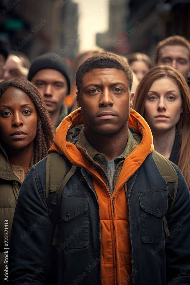 A young man with a resolute expression leads a crowd through an urban street, symbolizing leadership and determination.. A young man with a resolute expression leads a crowd through an urban street, symbolizing leadership and determination..