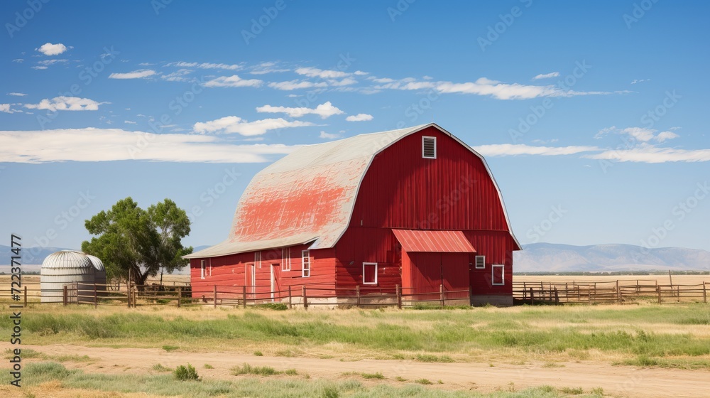 Rural farm landscape with traditional granary in countryside setting