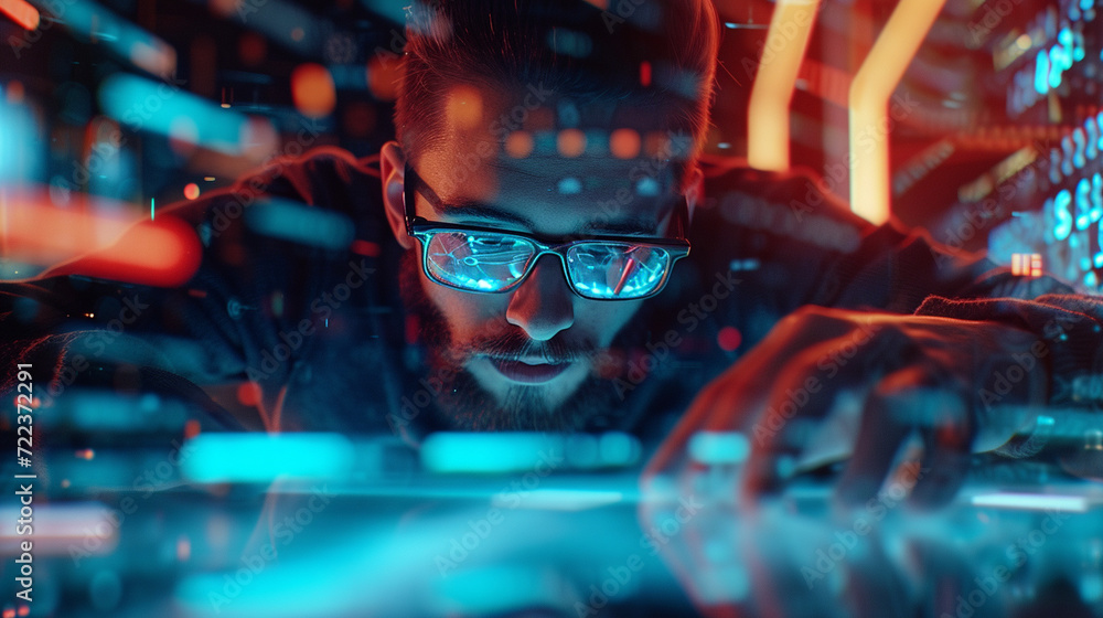 A programmer immersed in code, surrounded by holographic lines and symbols, capturing the essence of creativity and innovation in software development, with space for tech-inspired A programmer immersed in code, surrounded by holographic lines and symbols, capturing the essence of creativity and innovation in software development, with space for tech-inspired