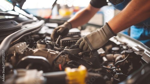 Mechanic with gloves performing maintenance on car engine