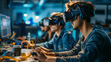 A team of programmers collaborating on a virtual reality project, highlighting the teamwork and innovation that go into bringing digital ideas to life, with space for collaborative