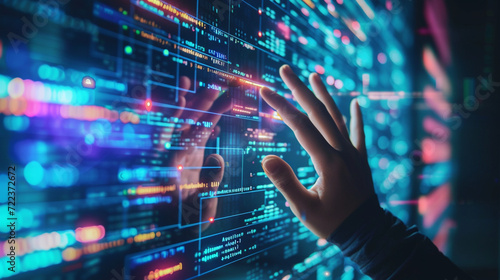 A dynamic shot of a programmer's hands reaching out to touch a digital interface, creating a visually engaging scene that represents the connection between code and creativity, wit
