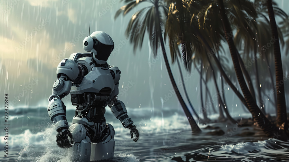 white humanoid robot look for people who can be rescued in the rain and flood after hurricane - AI Generated white humanoid robot look for people who can be rescued in the rain and flood after hurricane - AI Generated