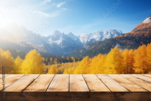 wooden table in the Autumn mountains