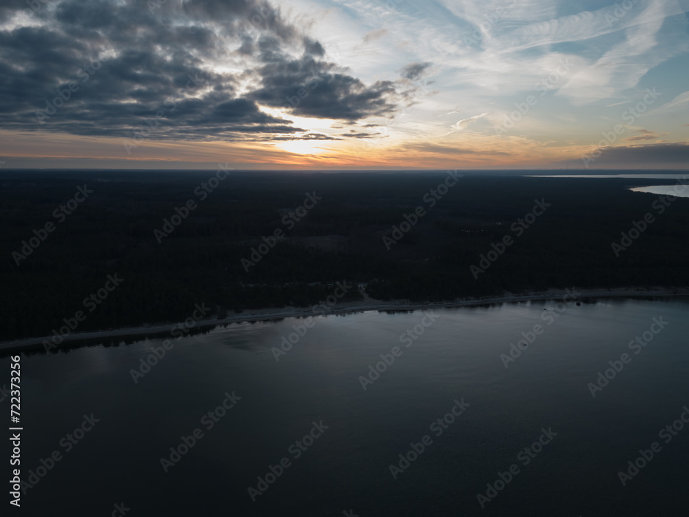 Nature of Estonia, sunset on the seashore, photo from a drone.