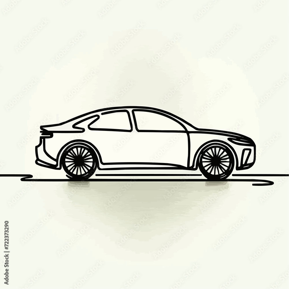 A minimalist work depicting the silhouette of a car created in one continuous line. The design reflects the overall shape of the car and subtle details with minimal lines set against a white backgroun