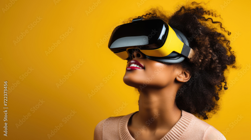 Young African American female using VR glasses over yellow background with copy space