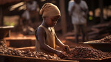 children's rights. Small african child working on cocoa plantation looking at camera
