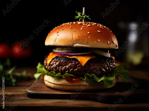 Closeup home made beef burger on wooden