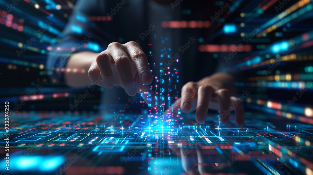 A dynamic shot of a programmer's hands reaching out to touch a digital interface, creating a visually engaging scene that represents the connection between code and creativity, wit A dynamic shot of a programmer's hands reaching out to touch a digital interface, creating a visually engaging scene that represents the connection between code and creativity, wit