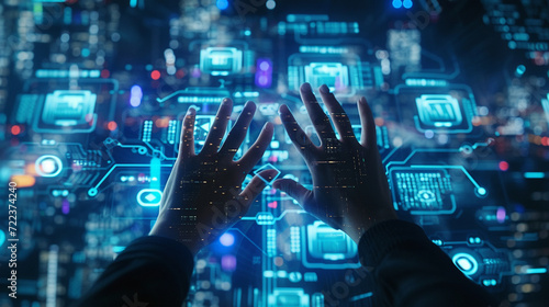 A dynamic shot of a programmer's hands reaching out to touch a digital interface, creating a visually engaging scene that represents the connection between code and creativity, wit