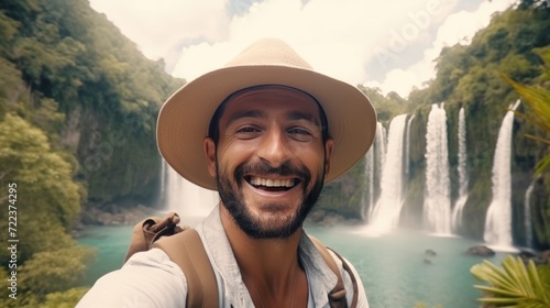 Nature's Selfie Moment. Handsome Tourist at Waterfall in National Park - Travel Lifestyle with Happy Man, Hat, and Sunglasses. Travel Lifestyle with Joyful Man in Hat and Sunglasses