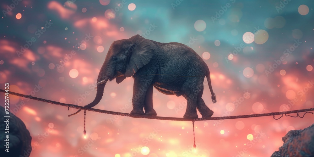 Fototapeta premium Whimsical Balance, Elephant Tightrope Walker Between Two Rocks in the Sky
