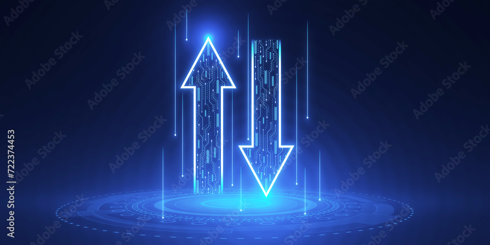 Abstract up and down arrows on dark blue background. The concept of ...
