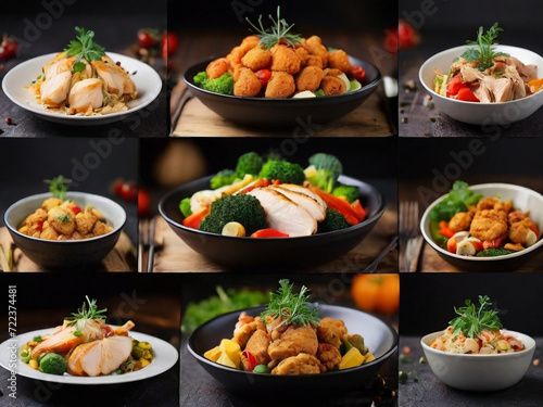 Collage of healthy food in the dishes variety. Various gourmet restaurant dishes collage menu design, 
