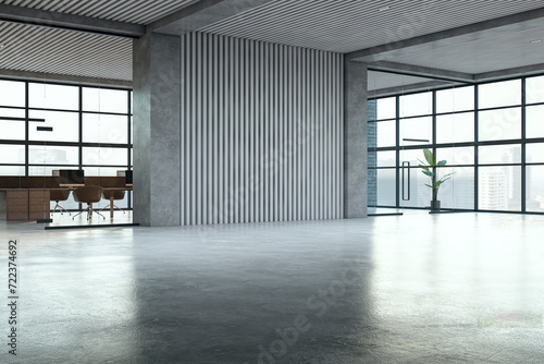 Modern spacious coworking office interior. 3D Rendering. photo