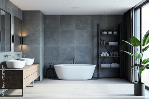 Luxury concrete and wooden bathroom interior with various objects. 3D Rendering.