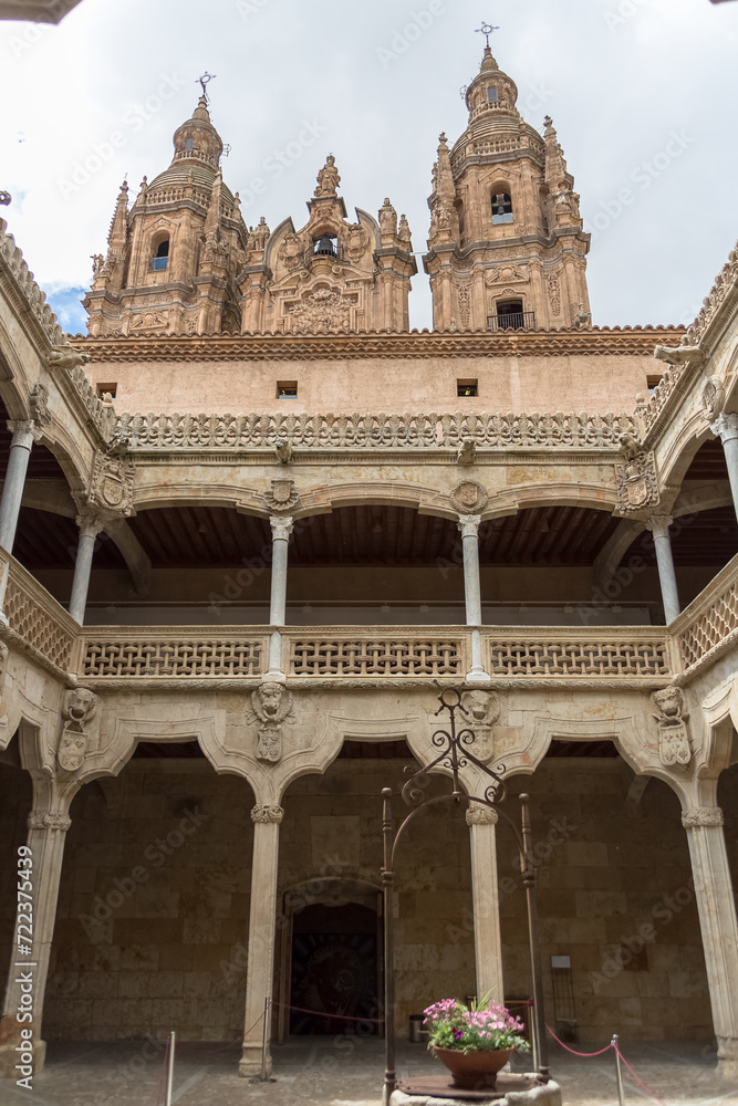 Amazing ornamented cloister view inside at the Casa de las Conchas building and La Clerecia building, Pontifical university at Salamanca as background