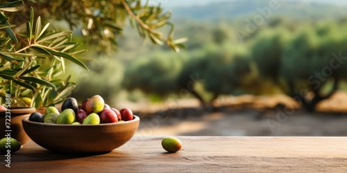 Plate with olives on a wooden table, against a background of olive trees