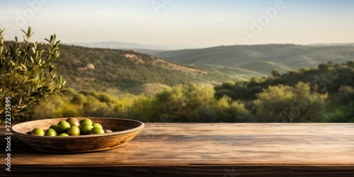 Plate with olives on a wooden table, against a background of olive trees. Generative AI © 22_monkeyzzz