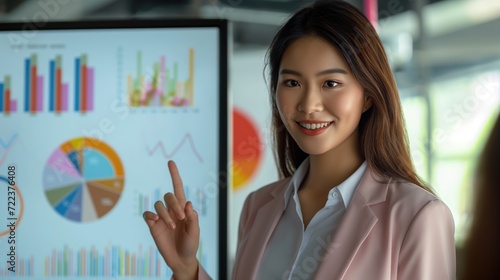 Big data analysis and fintech e-commerce with successful asian or japanese woman as executive director presenting growth statistics to diverse conference meeting members in the office with graphs
