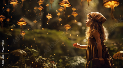 Amazed little girl in a magical fairy forest