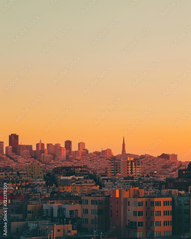 Apartment buildings in the city at sunset, vintage toned. City skyline perfectly aligned with the horizon during the golden hour, creating a balanced and harmonious composition. 