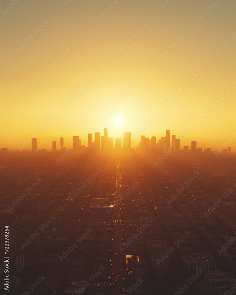 Apartment buildings in the city at sunset, vintage toned. City skyline perfectly aligned with the horizon during the golden hour, creating a balanced and harmonious composition. 